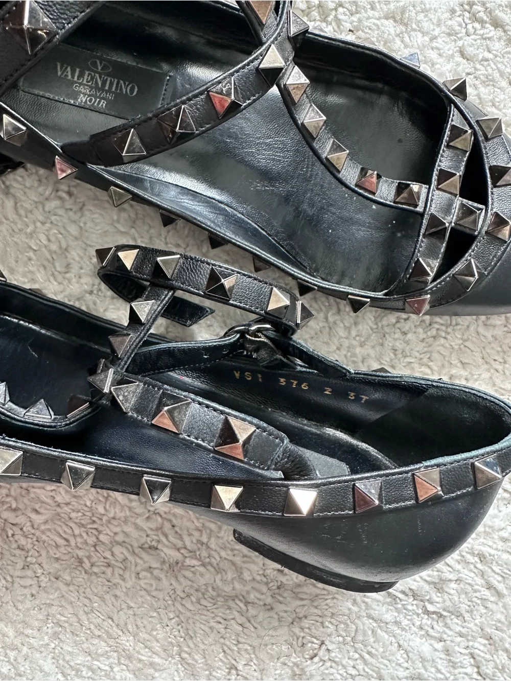Valentino Rockstud Black Pointed Flat - Black Leather Studded Flats